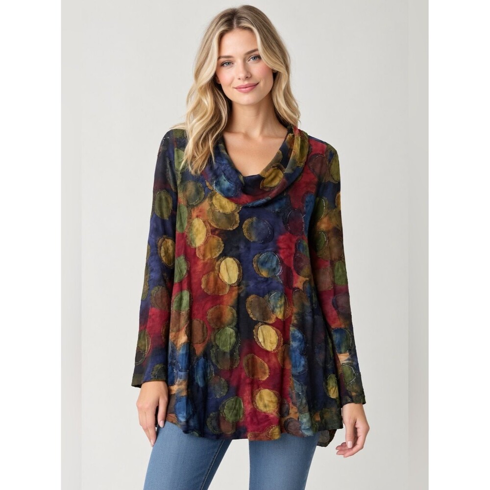 Ali Miles Lagenlook Y2K colorful circle print cowl Neck tunic top artsy